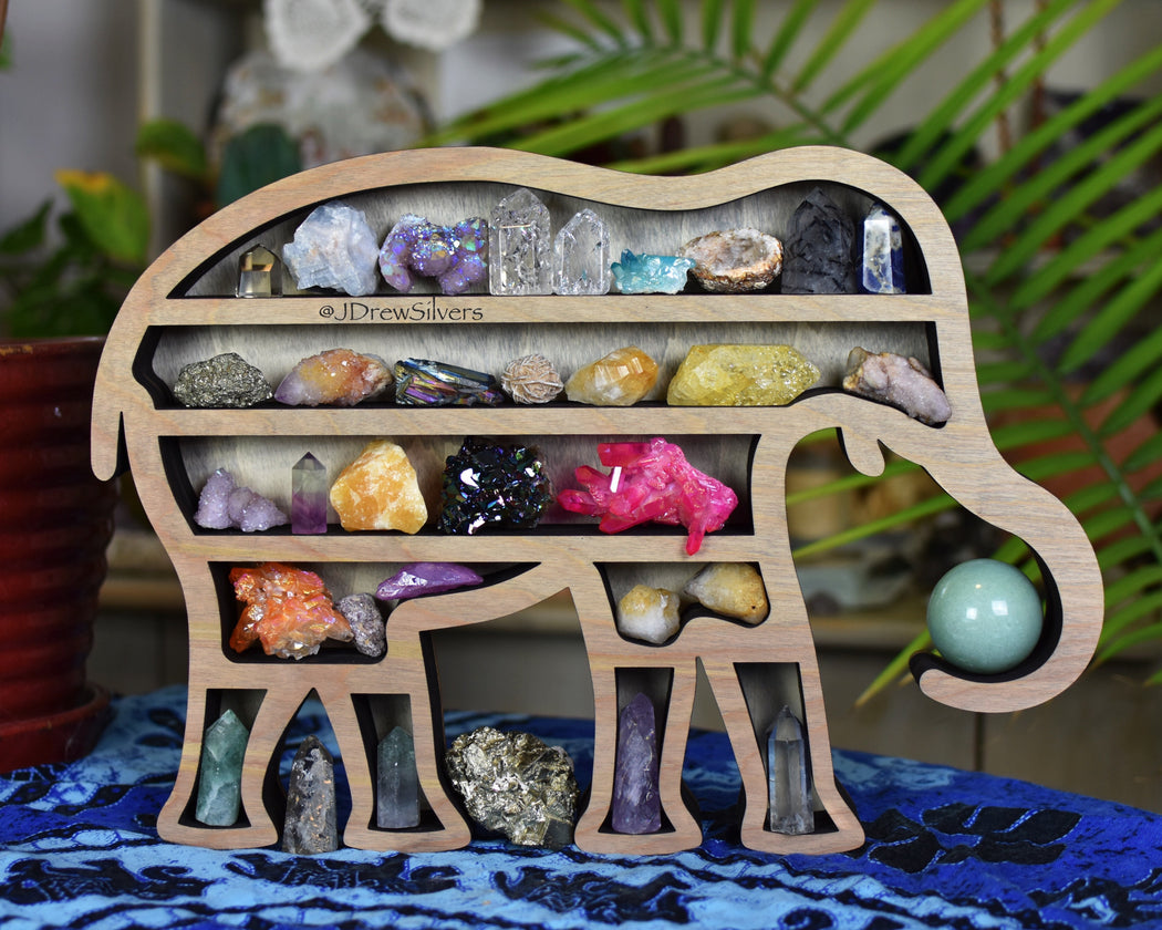 *Made To Order* Grey Elephant Wood Carving and Crystal Shelf