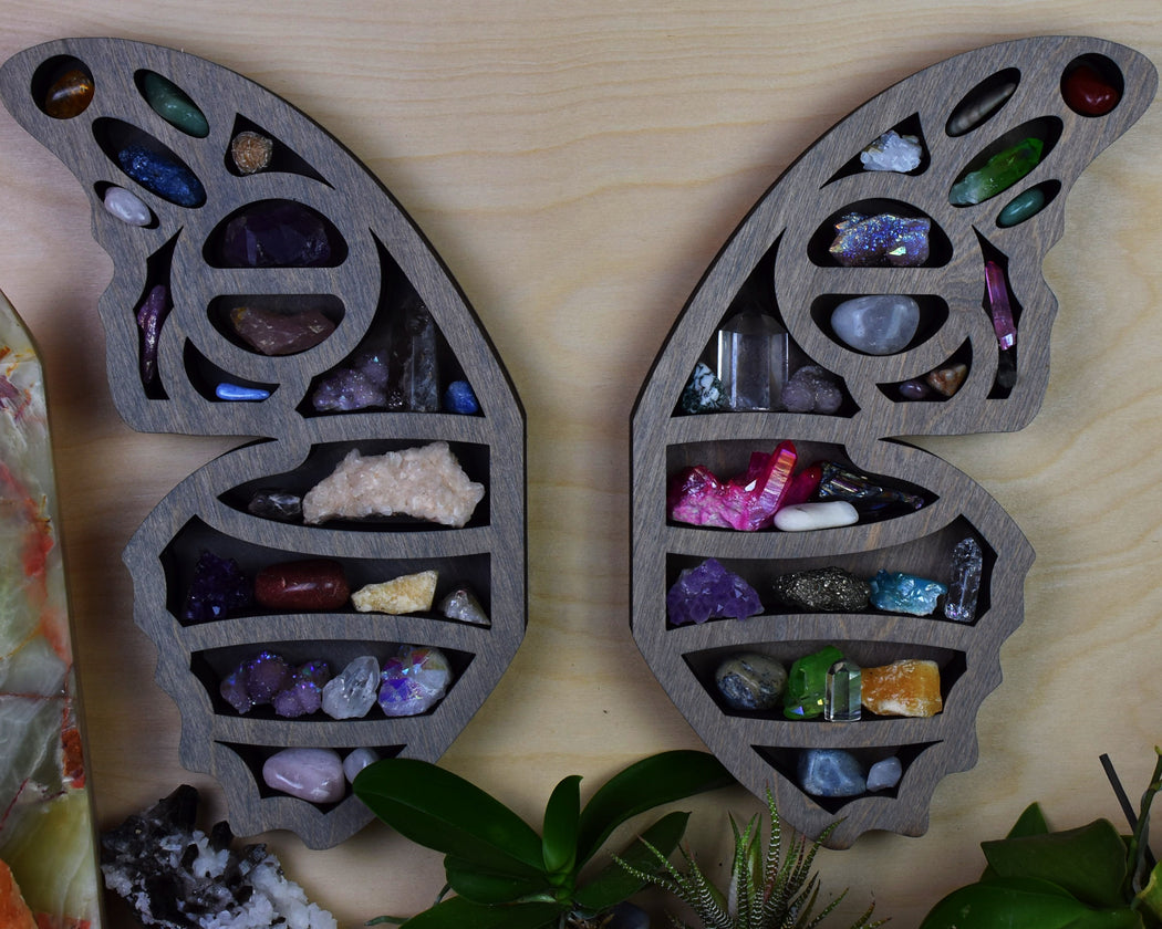 *Made To Order* Pair of Grey Butterfly Wings Wood Carving and Crystal Shelf