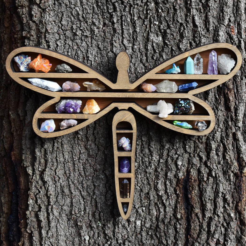 *Made To Order* Almond Light Brown Dragonfly-Shaped Wood Carving and Crystal Shelf