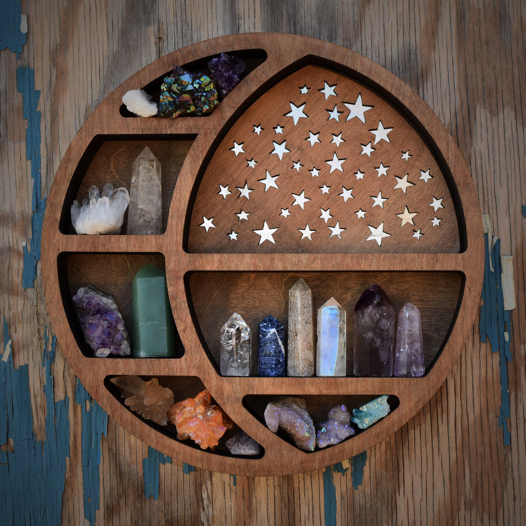 *Made To Order* Almond Light Brown Starry Circular Moon Shelf and Wood Carving