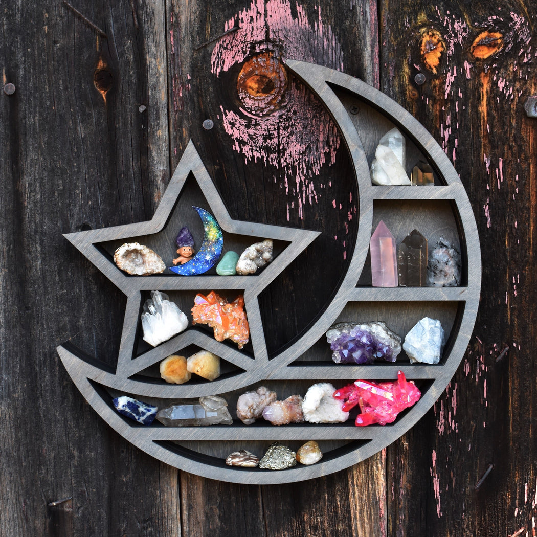 *Made To Order* Grey Crescent Moon & Star Shelf and Wood Carving